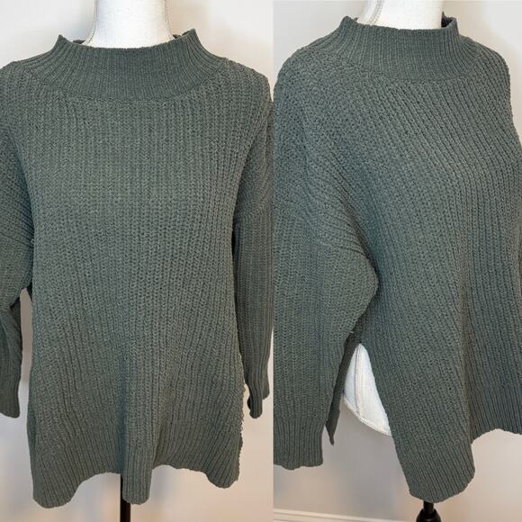 Aerie Mock Neck Chenille Split Side Sweater In Green Size Medium - Picture 2 of 15